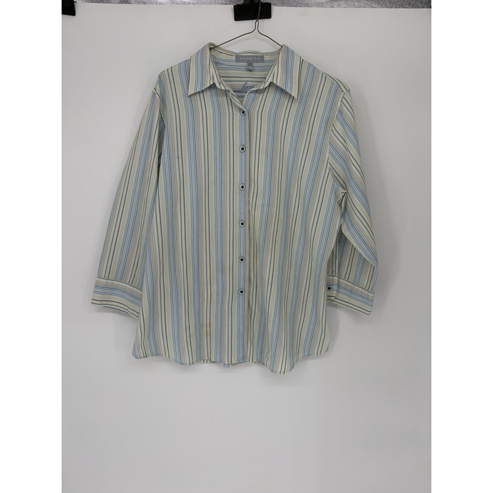 Foxcroft Womens Size 12 Shaped Fit Button Up Shirt Blouse Top Seersucker